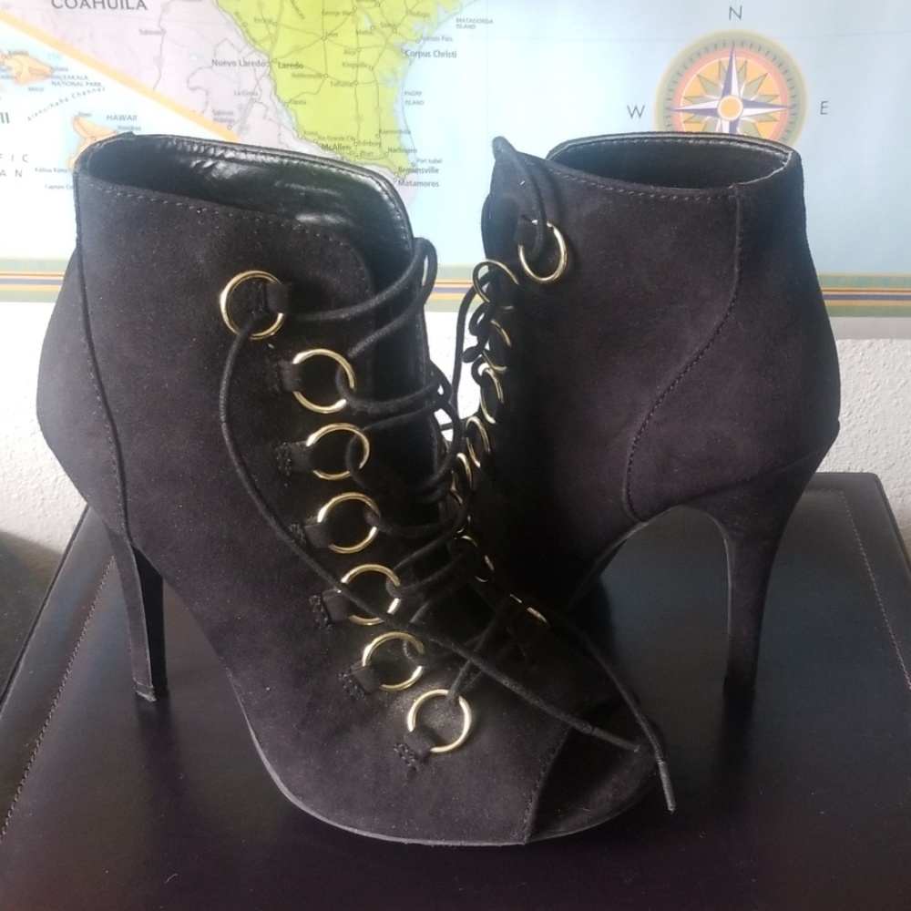 Just Fab Black and Gold Suede Peep toe Booties